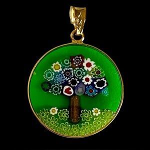 Vintage Signed Millefiori Murano Glass Pendant Tree of Life Green and Gold